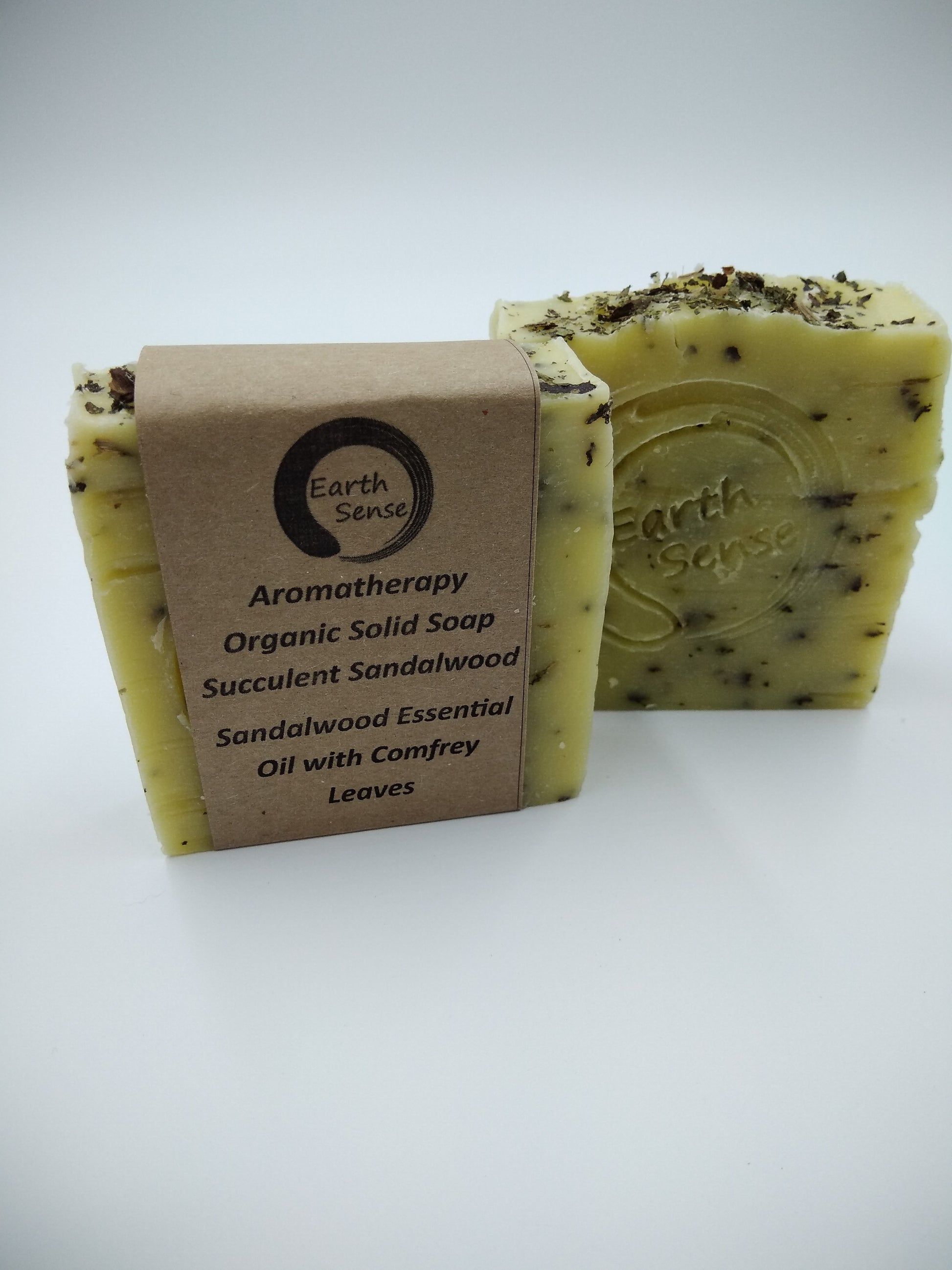 Organic Certified Solid Soap - Sandalwood with Shredded Comfrey Leaves 90g - Earthsenseorganics