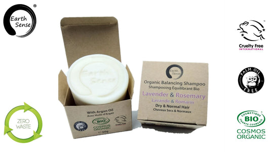 Organic Certified Balancing Solid Shampoo - Lavender & Rosemary - Dry & all Hair Types 60g - Earthsenseorganics
