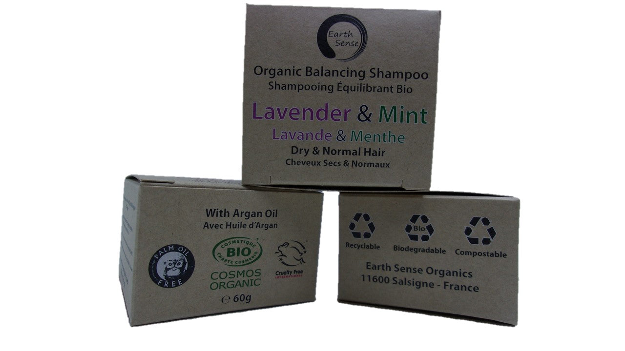 Organic Certified Balancing Solid Shampoo - Lavender & Mint - Dry & all Hair Types 60g - Earthsenseorganics