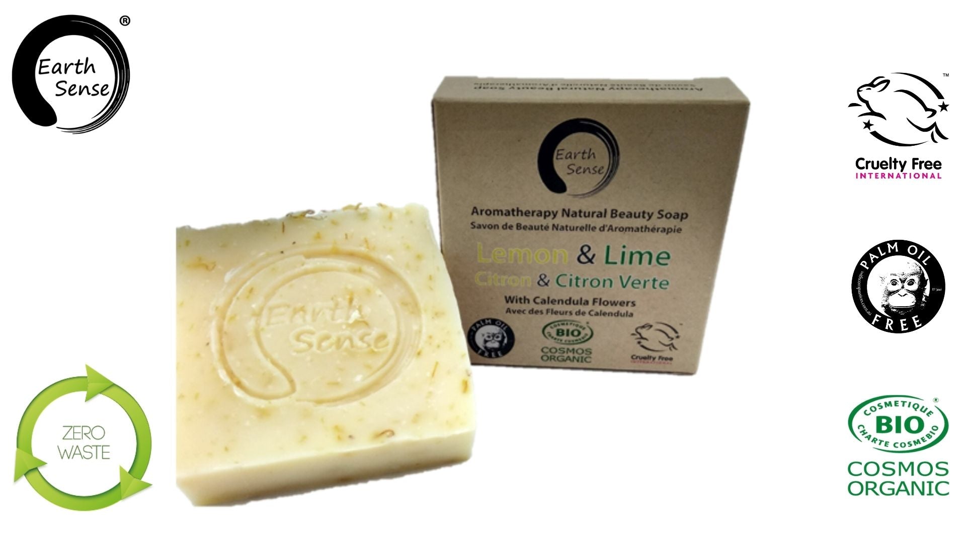 Organic Certified Solid Soap - Lemon & Lime with Calendula Flowers 90g - Earthsenseorganics