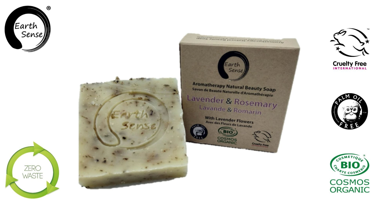 Organic Certified Solid Soap - Lavender & Rosemary with Lavender flowers 90g - Earthsenseorganics