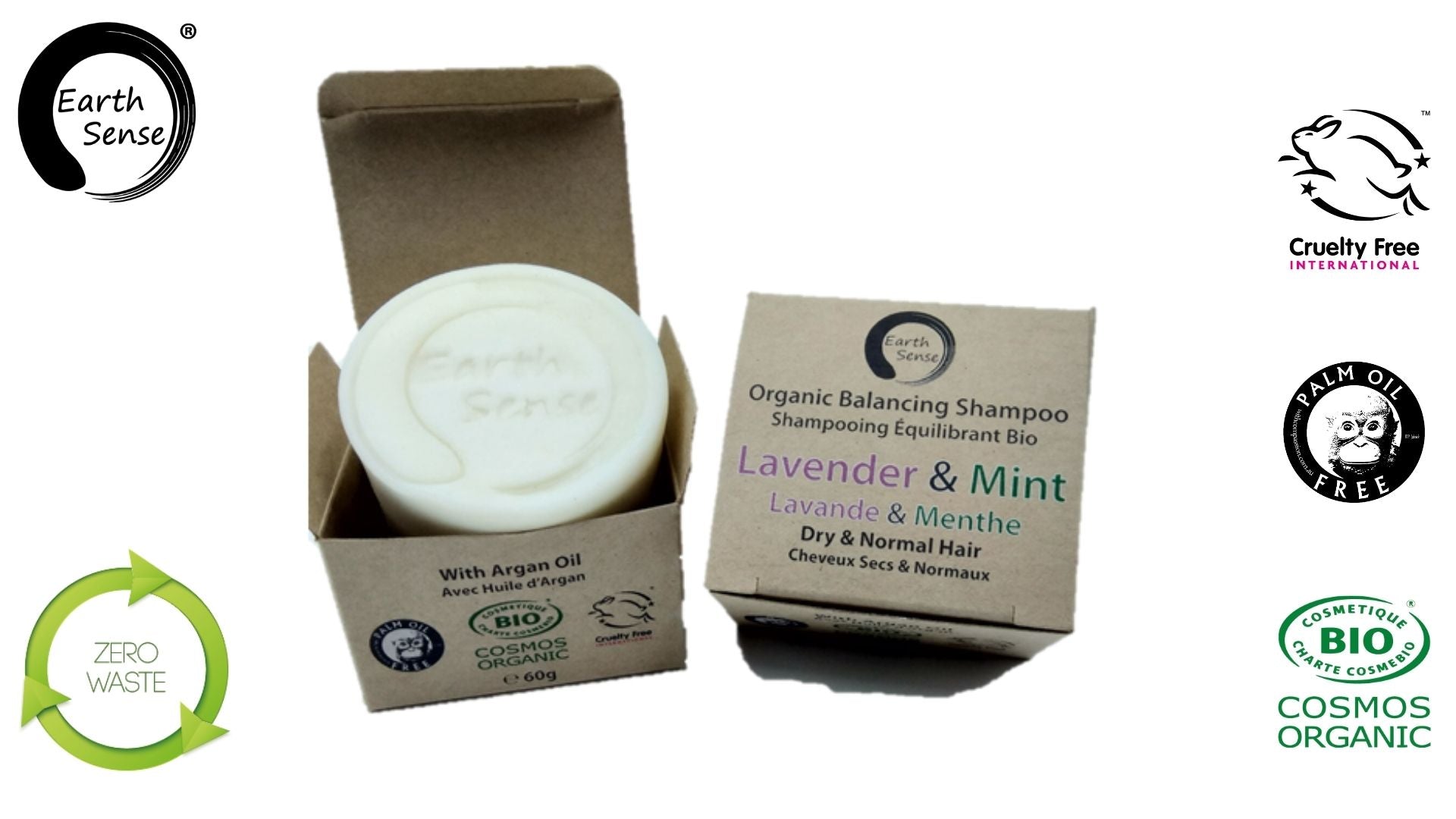 Organic Certified Balancing Solid Shampoo - Lavender & Mint - Dry & all Hair Types 60g - Earthsenseorganics