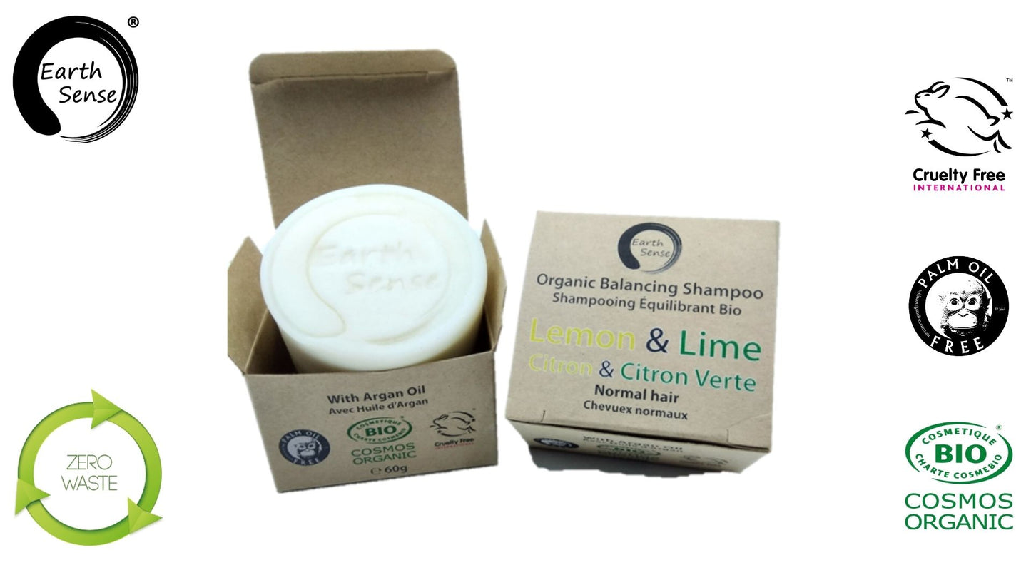 Organic Certified Balancing Solid Shampoo - Lemon & Lime - Normal & all Hair Types 60g - Earthsenseorganics