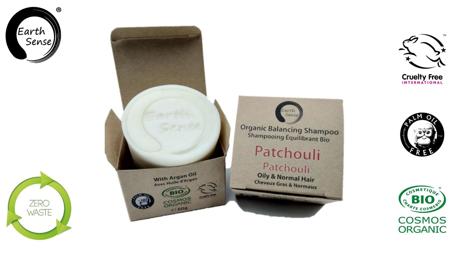 Organic Certified Balancing Solid Shampoo - Patchouli - Oily & all Hair Types 60g - Earthsenseorganics