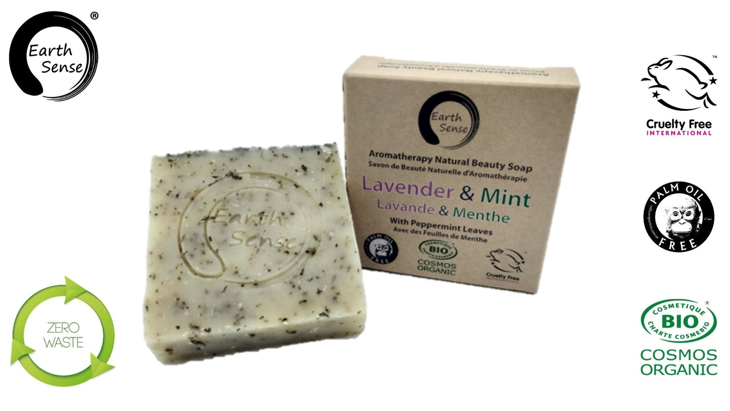 Organic Certified Solid Soap - Lavender & Mint with Shredded Mint Leaves 90g - Earthsenseorganics