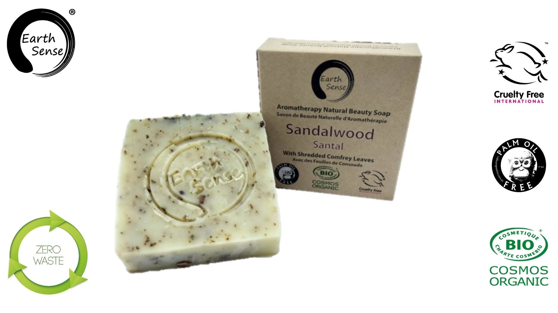 Organic Certified Solid Soap - Sandalwood with Shredded Comfrey Leaves 90g - Earthsenseorganics